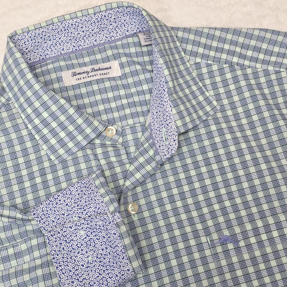 Tommy Bahama New Port Coast Button Up Men Sz Large Green / Blue Plaid Flip Cuff